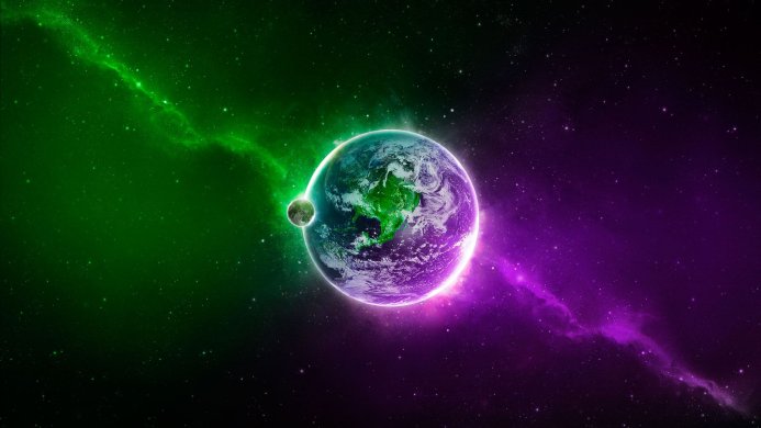 Earth and Moon surrounded by green and purple nebula in space