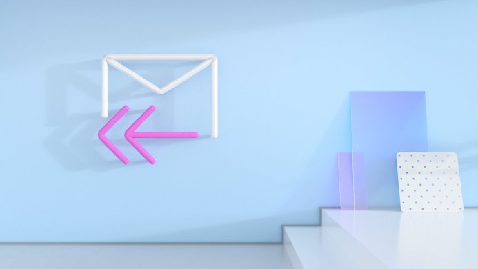 A white envelope with a pink return arrow on a light blue background, with geometric shapes
