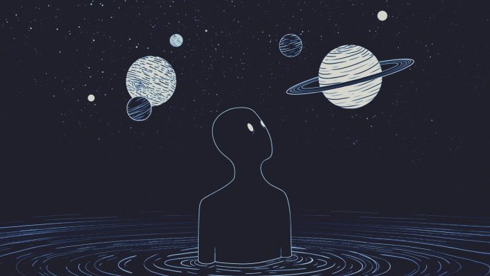 A figure standing in water gazing up at planets and stars in a dark blue, dreamy illustration