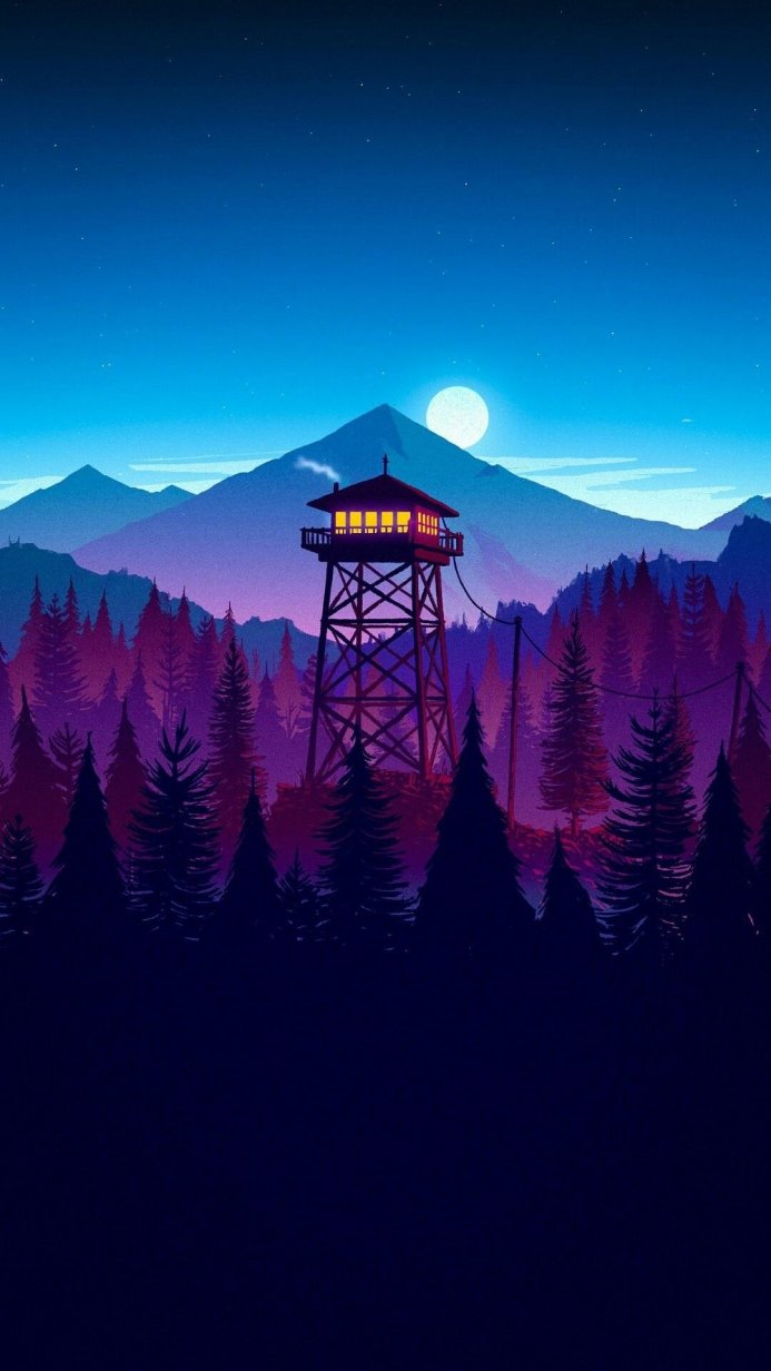 Fire lookout tower in a forest at night with mountains and the moon in the background