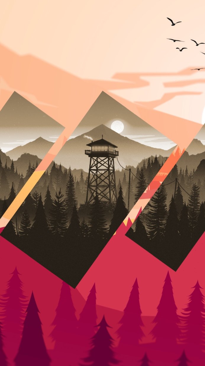 A fire lookout tower in a forest at sunset with silhouetted birds flying above. Vector graphic