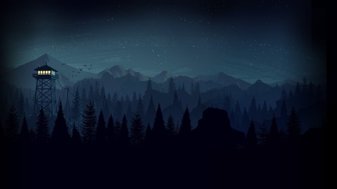 Firewatch tower in a dark forest at night with stars