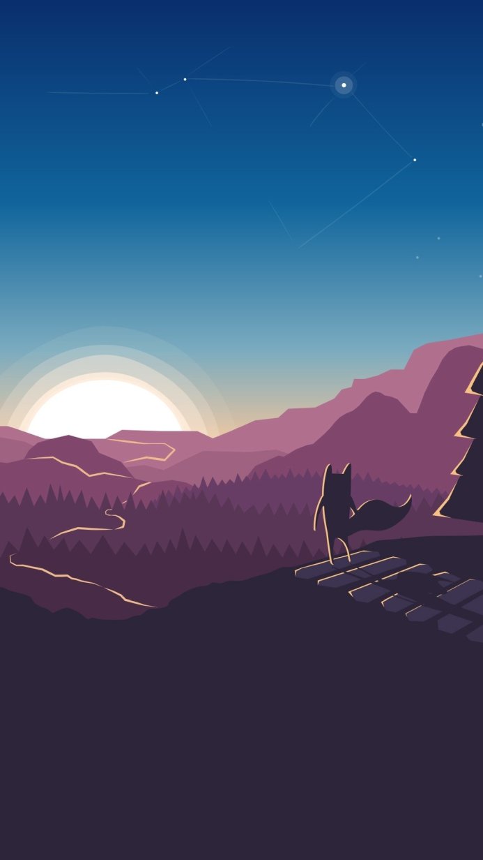 A fox standing on a ledge, looking at the sunrise over mountains and a forest under a starry sky