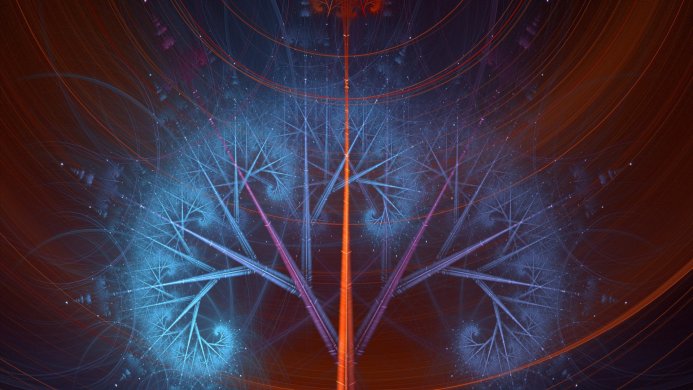 A fractal tree with blue and orange lines and complex geometrical forms