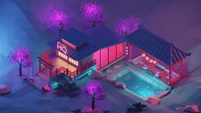 Isometric view of a futuristic Japanese building surrounded by cherry blossom trees and a small pond