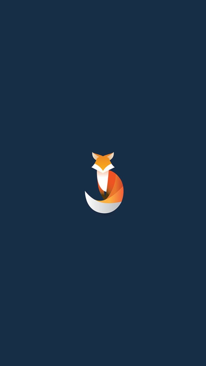 Geometric fox logo in orange, white, and blue against a dark background