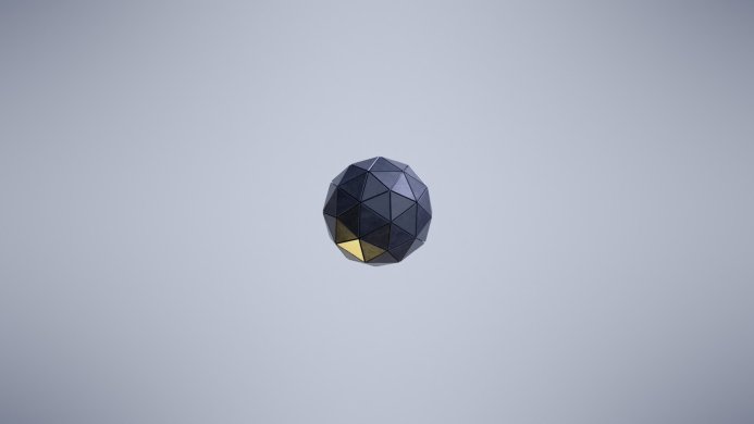 A geometric sphere with blue and gold facets against a pale background