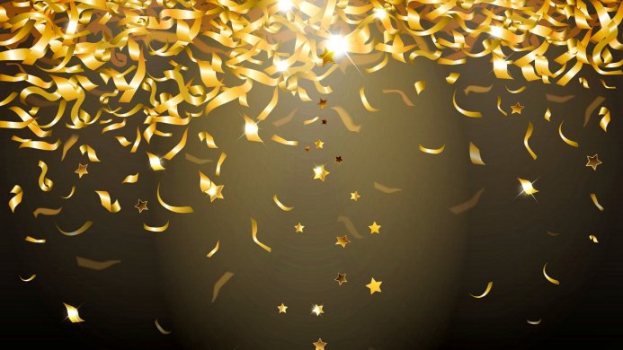 Golden confetti and stars falling on a dark background