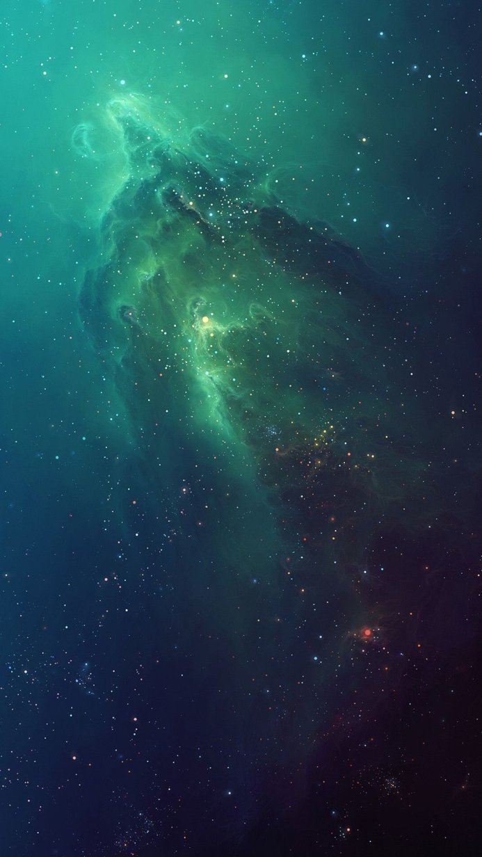 A nebula in shades of green and blue with many stars