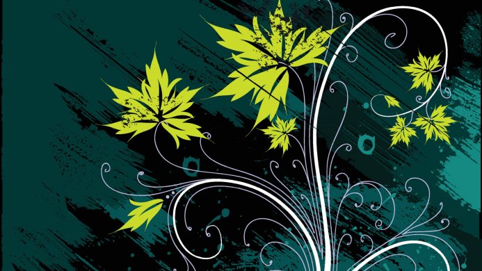 Grunge floral design with yellow leaves, white vines, and a green and black background