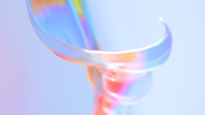 An iridescent abstract shape with swirling pastel colors against a light blue background