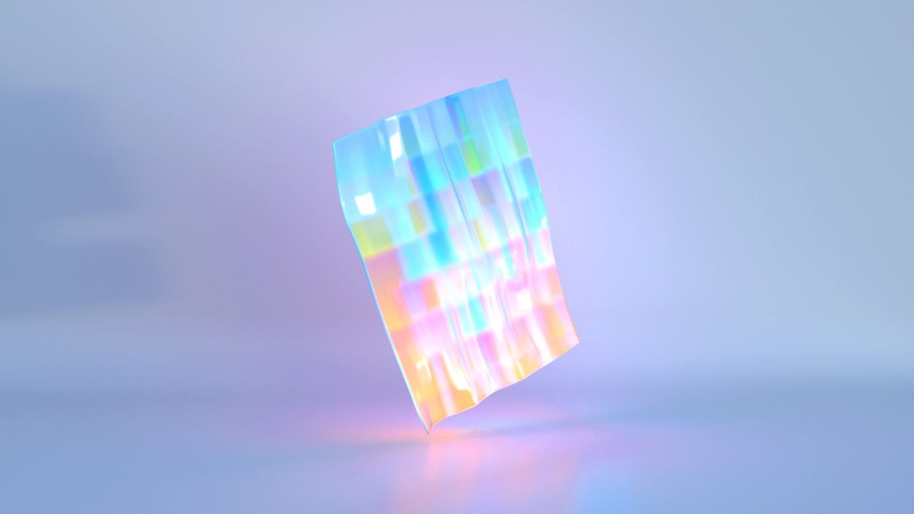 Iridescent abstract object against pastel background