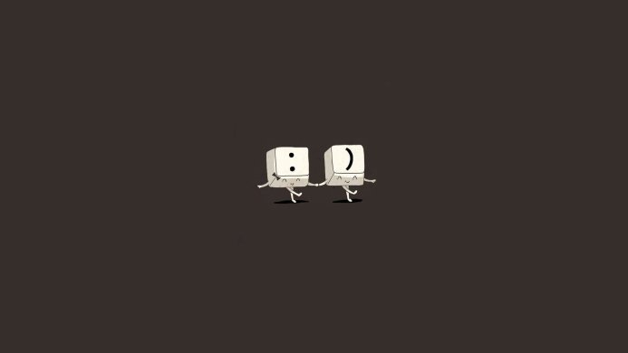 Two keyboard keys, a colon and parenthesis, holding hands in a minimalist illustration