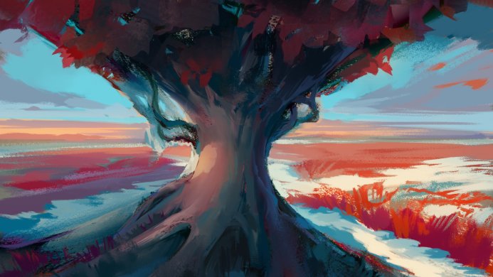 Painting of a large tree with a landscape background in hues of orange, red, blue, and white