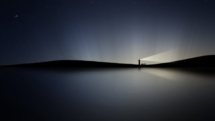 Silhouette of a lighthouse at night with beam shining over still water