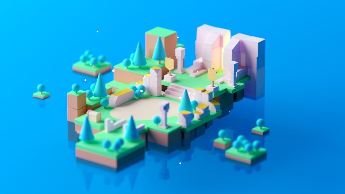 A low poly island with trees and buildings on a bright blue reflective surface