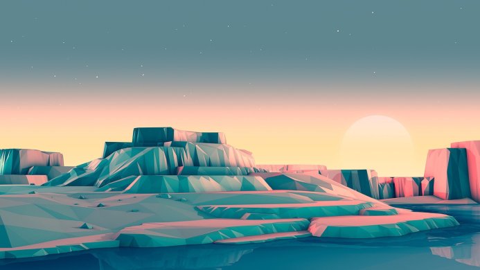 Low poly landscape with blue water, pink land, and a yellow sky with stars