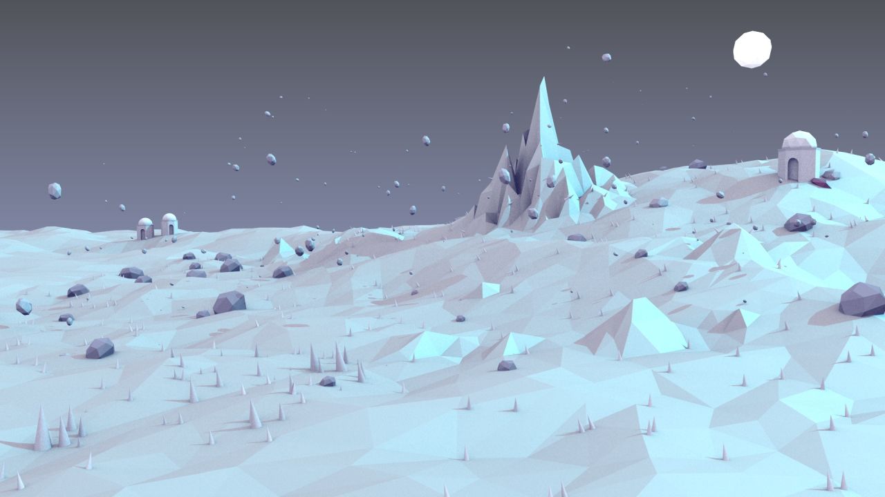 Low poly geometric landscape with moon