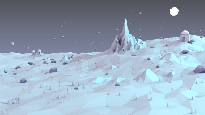 A low poly landscape with a moon, buildings, and rocks in cool tones