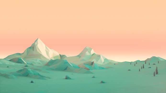 Low poly landscape with mountains, trees, and a pastel sky