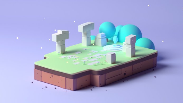 Low poly stylized landscape with monuments and blue spheres in a pastel color palette