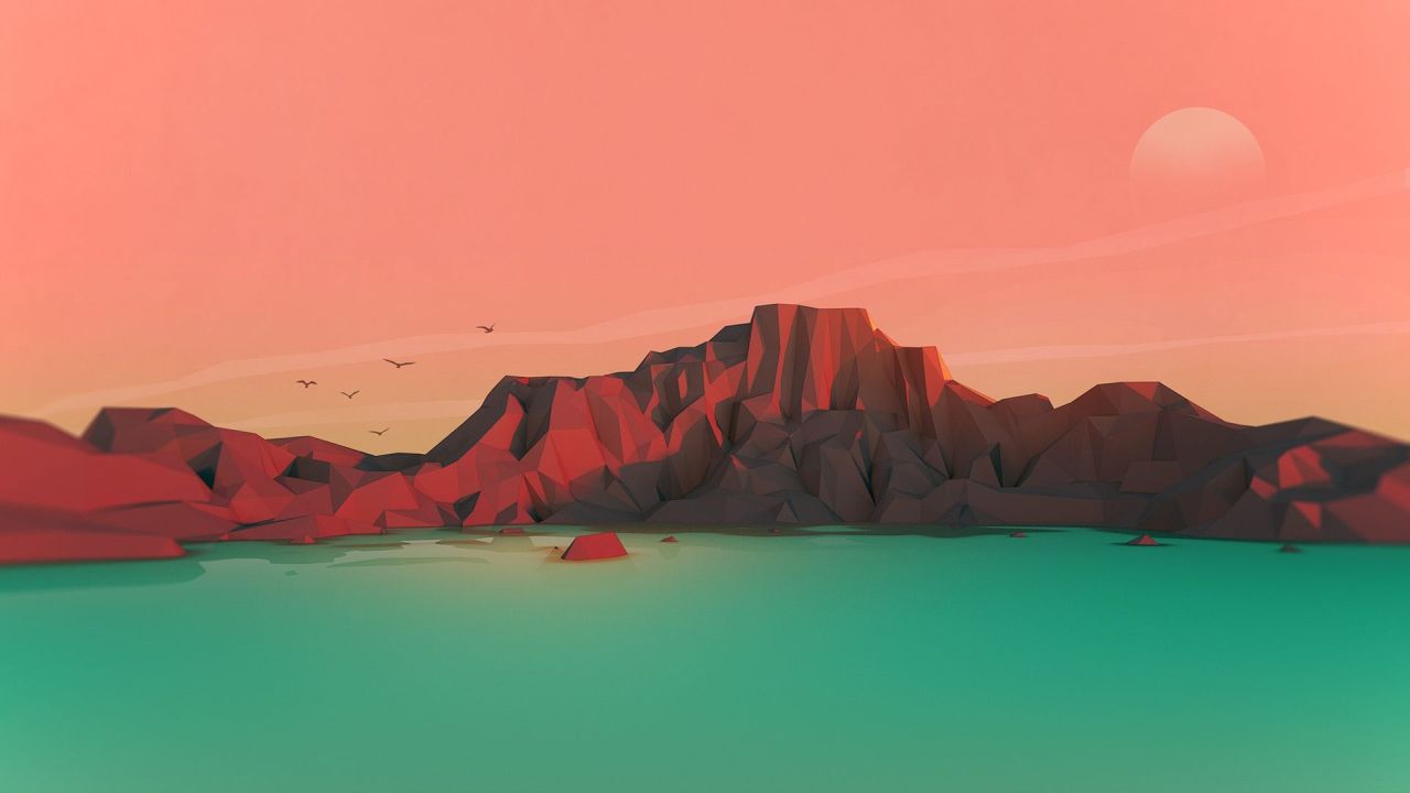 Low poly mountains and water landscape