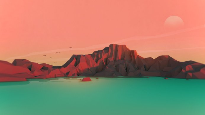 Low poly mountain range with a lake, birds, and sun in an orange and teal color palette