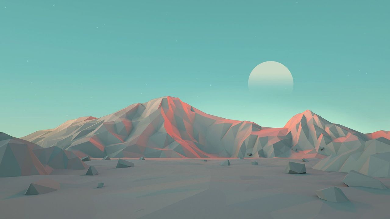 Low poly mountains with a moon landscape