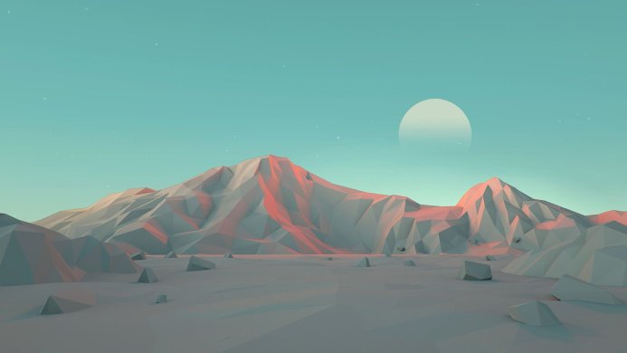 Low poly landscape with mountains, a moon, and a pale turquoise sky