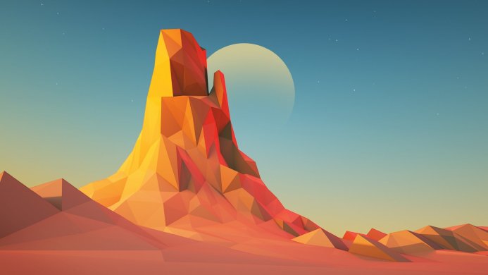 Low poly mountain range with a large moon against a gradient sky