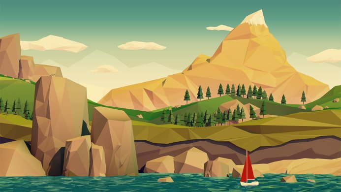 Low poly landscape with a mountain, trees, sea, rocks, and a red sailboat