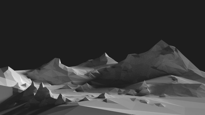 A monochrome image of low poly mountains against a dark background