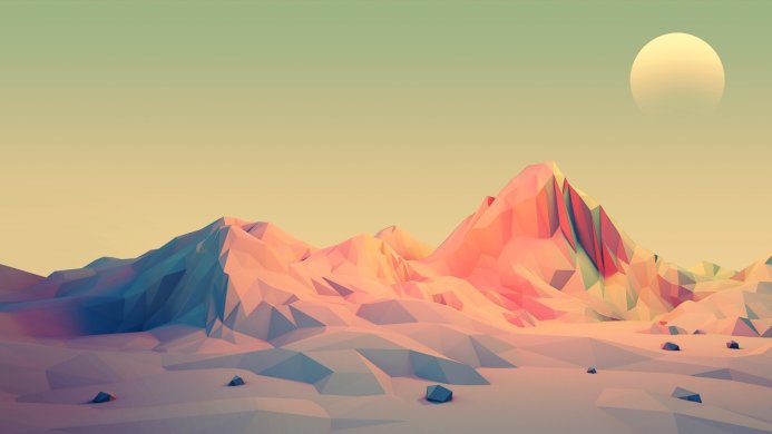 Low poly mountain landscape with a sun in pastel colors
