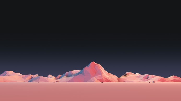 Low poly mountains in shades of pink and blue against a dark sky