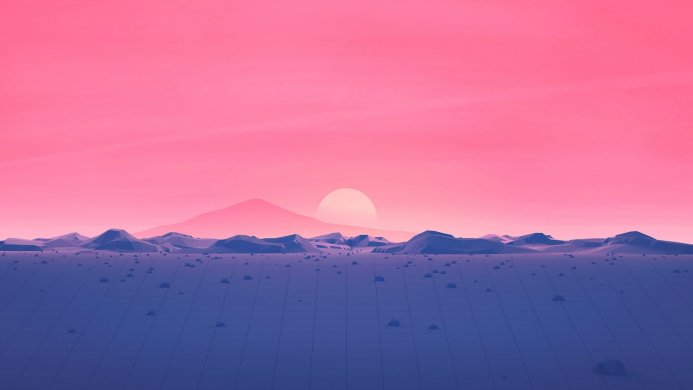 A low poly pink sunset landscape with purple mountains and a grid ground
