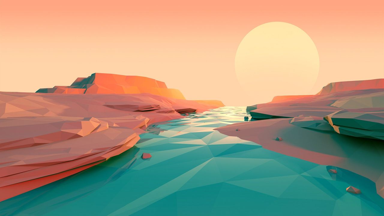 Low poly desert landscape with river