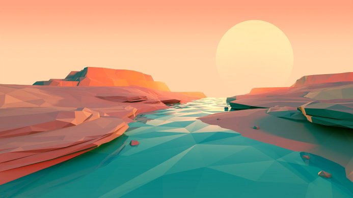 Low poly landscape with a river flowing between mountains under a large sun