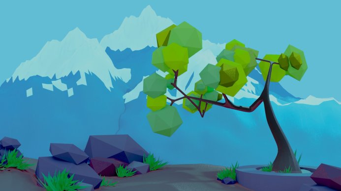Low poly tree with mountains in the background rendered in 3D