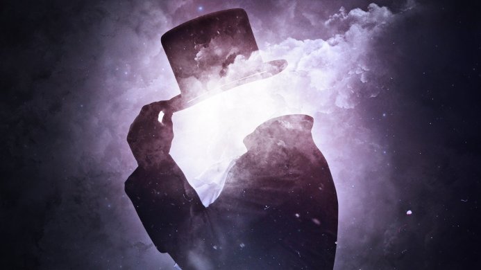 Silhouette of a man in a suit and top hat with clouds inside