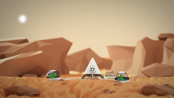 A landing module and habitats on a mars-like planet surface in a 3D rendering