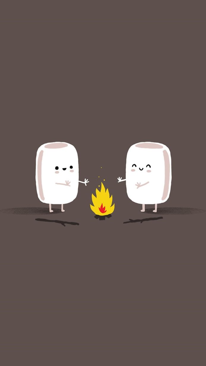 Two marshmallows around a campfire, cute cartoon illustration