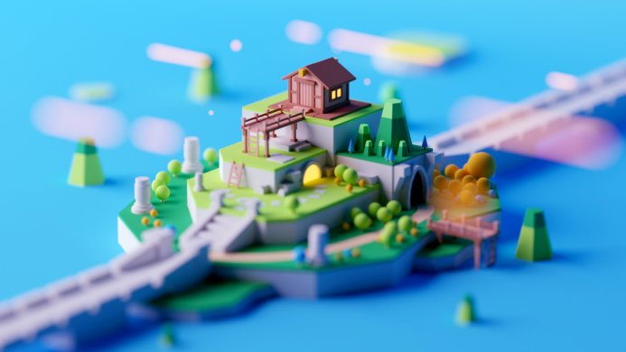 A miniature island with a house in a 3D rendering with blue background