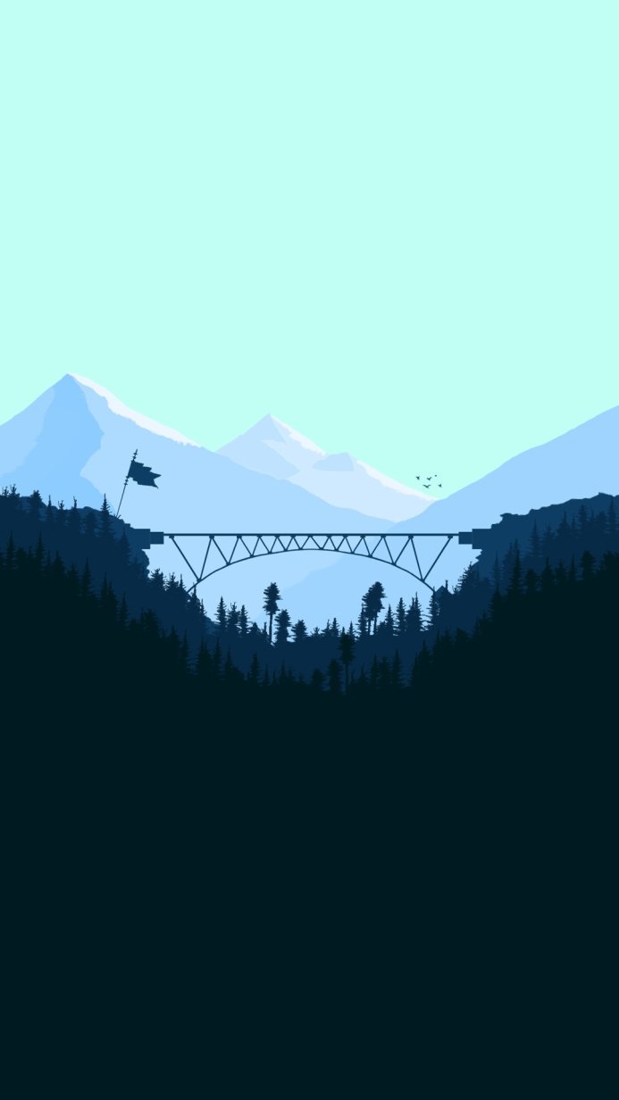 Minimalist landscape with bridge, mountains, and a flag, rendered in blue tones