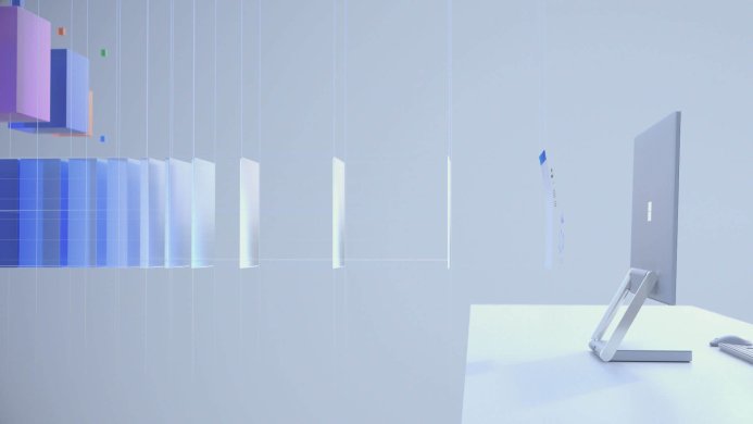 A minimalist computer setup with abstract cubes and a floating whiteboard on a light blue background