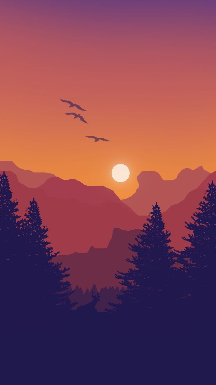 Silhouette of trees, mountains, birds, sun, and deer against an orange and purple sky