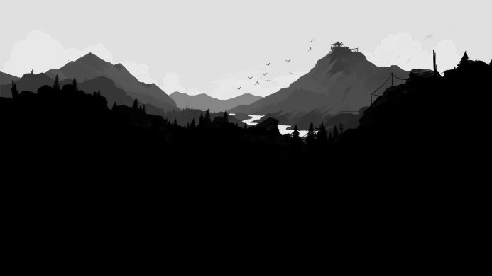 Black and white landscape with mountains, trees, and a river flowing through the valley