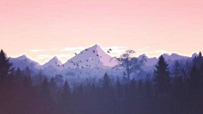 A mountain landscape with trees and birds in blue, pink, and purple hues