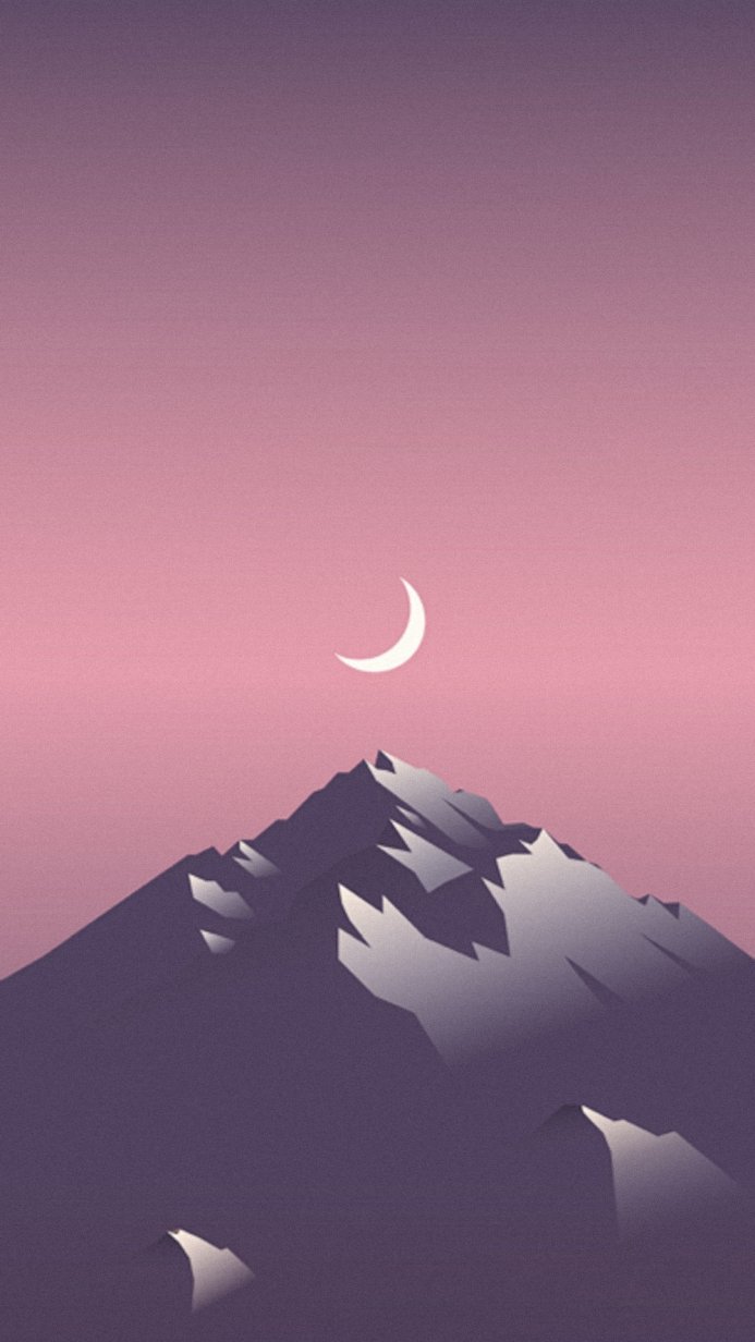 Mountain peak under a crescent moon against a pink sky