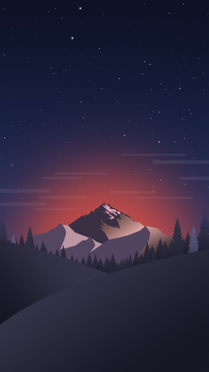 Mountain landscape under a starry sky, with a red glow on the horizon