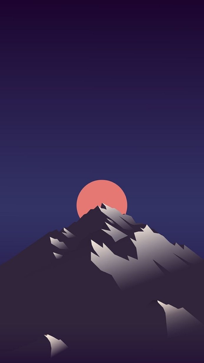 Mountain peak against a night sky with a rising sun, illustration